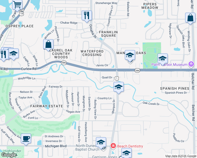 map of restaurants, bars, coffee shops, grocery stores, and more near 1330 Winding Creek Road in Dunedin