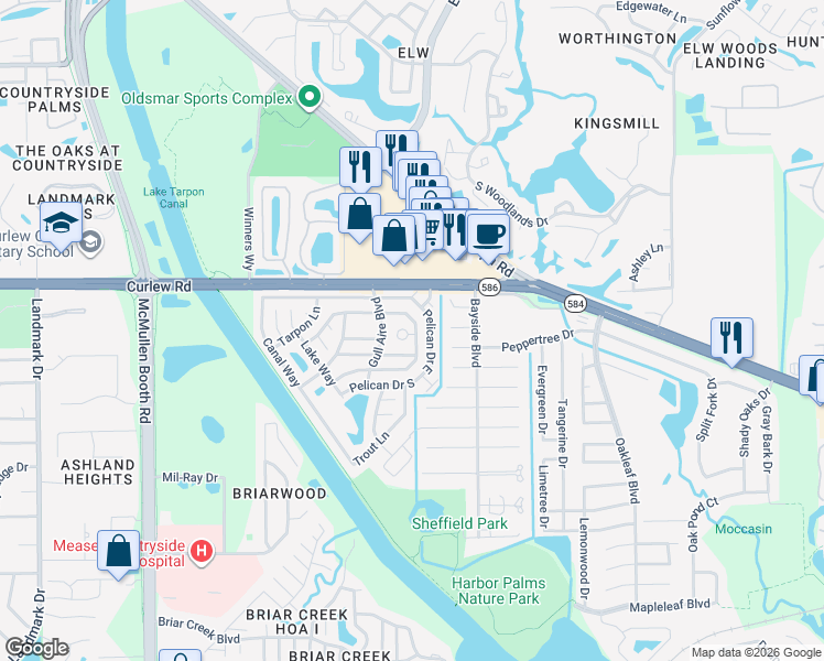 map of restaurants, bars, coffee shops, grocery stores, and more near 163 Dolphin Drive East in Oldsmar
