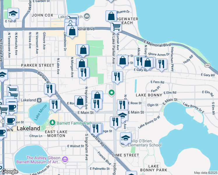 map of restaurants, bars, coffee shops, grocery stores, and more near 1120 East Oleander Street in Lakeland