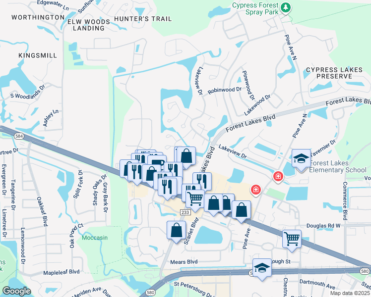map of restaurants, bars, coffee shops, grocery stores, and more near 128 Camphor Circle in Oldsmar