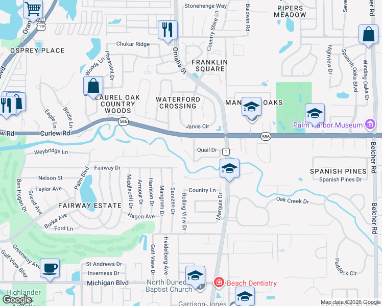 map of restaurants, bars, coffee shops, grocery stores, and more near 1330 Winding Creek Road in Dunedin