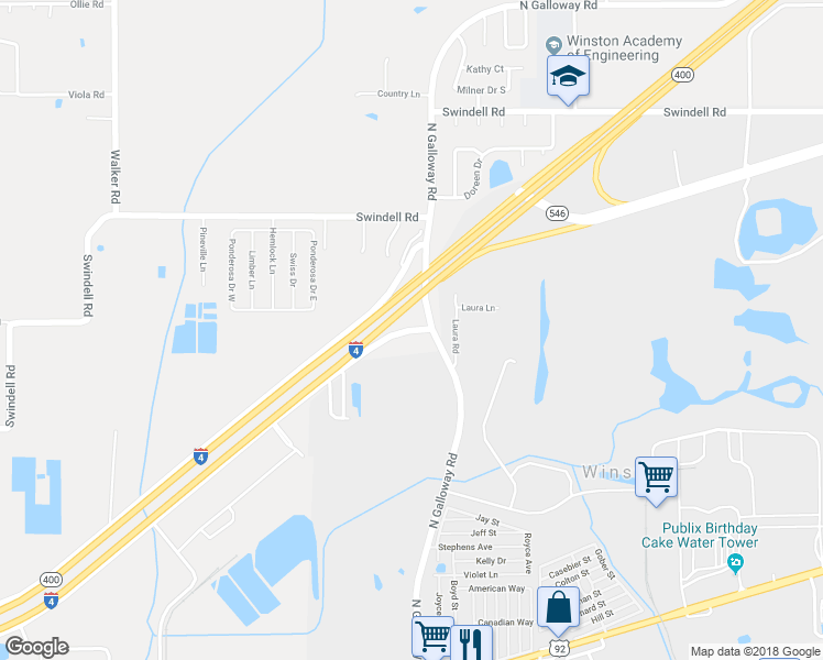 map of restaurants, bars, coffee shops, grocery stores, and more near 3617 Frontage Road South in Lakeland
