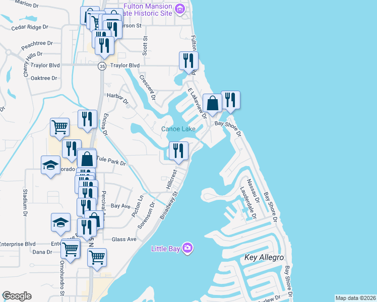 map of restaurants, bars, coffee shops, grocery stores, and more near 1877 Broadway Street in Rockport