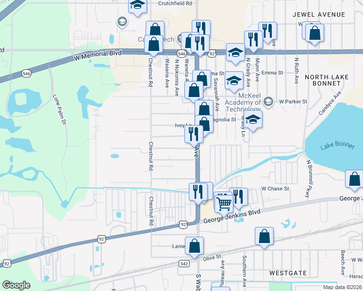 map of restaurants, bars, coffee shops, grocery stores, and more near 2130 Cochran Street in Lakeland