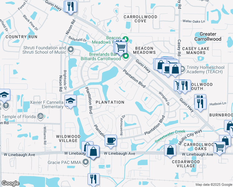 map of restaurants, bars, coffee shops, grocery stores, and more near 11209 Bramblebrush Street in Tampa