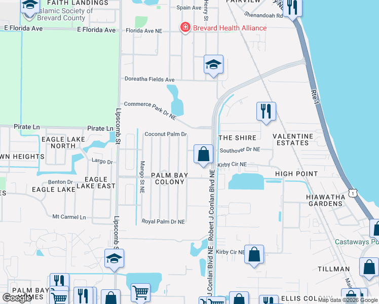 map of restaurants, bars, coffee shops, grocery stores, and more near 1918 Seagrape Street Northeast in Palm Bay