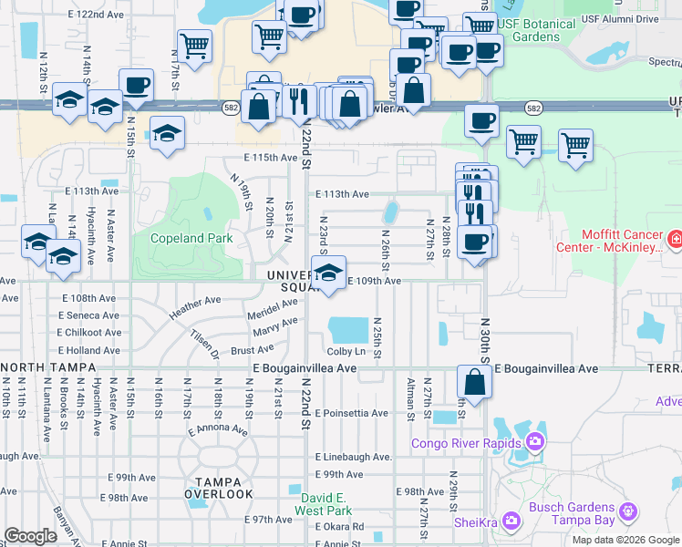 map of restaurants, bars, coffee shops, grocery stores, and more near 2225 East 109th Avenue in Tampa