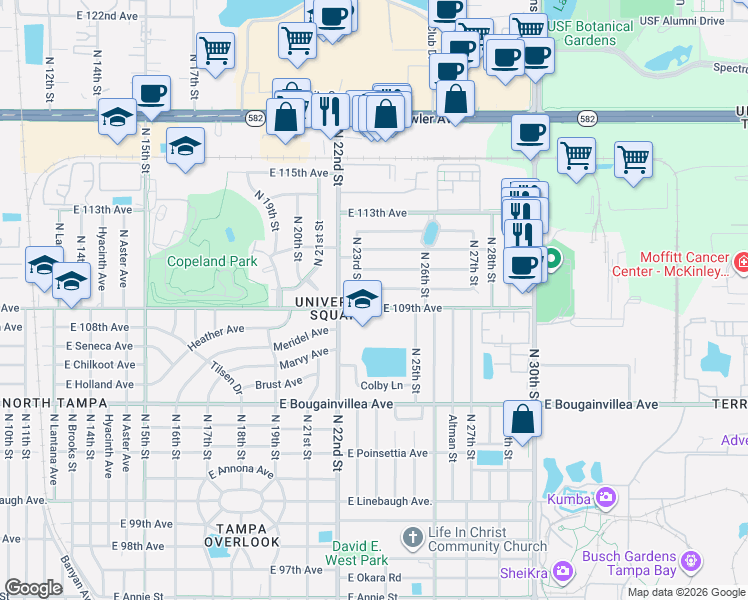 map of restaurants, bars, coffee shops, grocery stores, and more near 2225 East 109th Avenue in Tampa