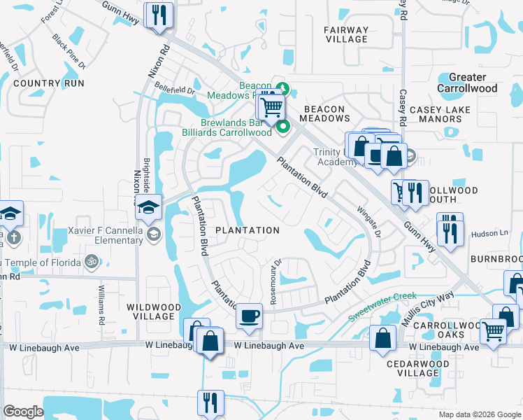 map of restaurants, bars, coffee shops, grocery stores, and more near 11209 Bramblebrush Street in Tampa