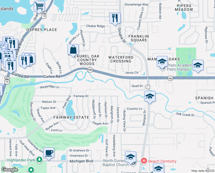 map of restaurants, bars, coffee shops, grocery stores, and more near 1494 Sturbridge Court in Dunedin