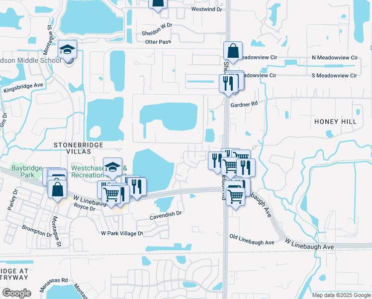 map of restaurants, bars, coffee shops, grocery stores, and more near 10704 Spring Mountain Place in Tampa