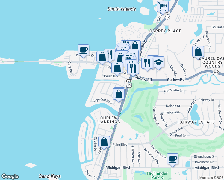 map of restaurants, bars, coffee shops, grocery stores, and more near 2464 Del Rio Way in Dunedin
