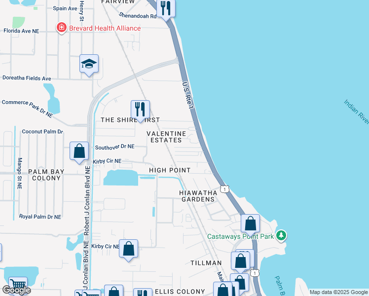 map of restaurants, bars, coffee shops, grocery stores, and more near 14 Hillside Avenue in Palm Bay