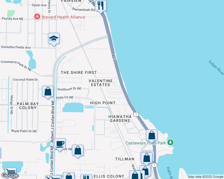 map of restaurants, bars, coffee shops, grocery stores, and more near 14 Hillside Avenue in Palm Bay
