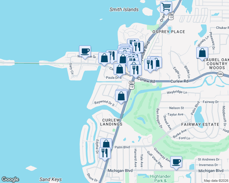 map of restaurants, bars, coffee shops, grocery stores, and more near 2464 Del Rio Way in Dunedin