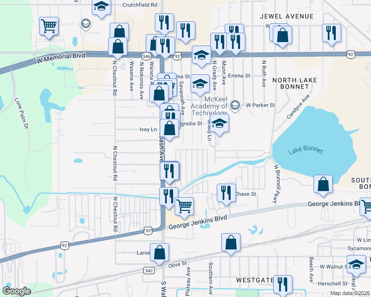 map of restaurants, bars, coffee shops, grocery stores, and more near 262 Lyndol Street in Lakeland