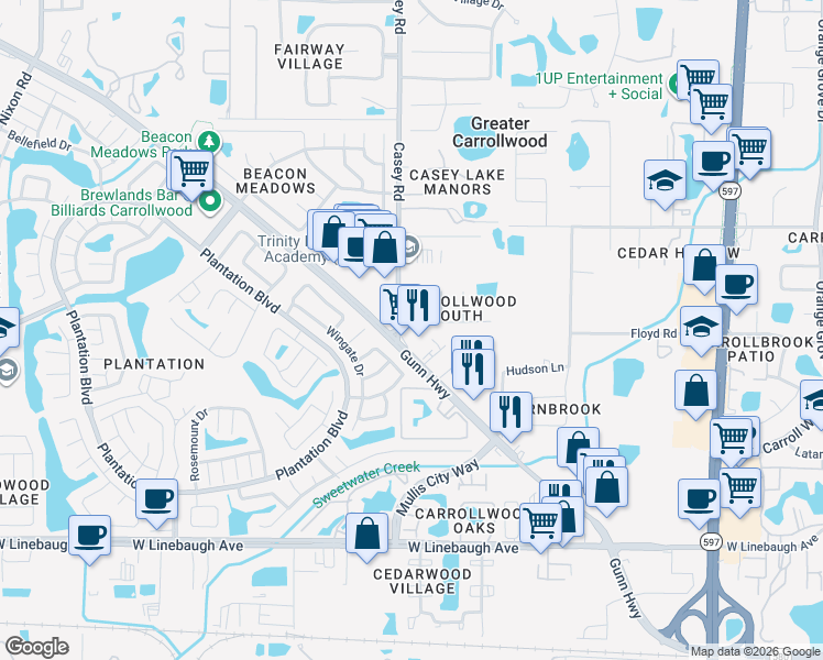map of restaurants, bars, coffee shops, grocery stores, and more near 4437 Gunn Highway in Tampa