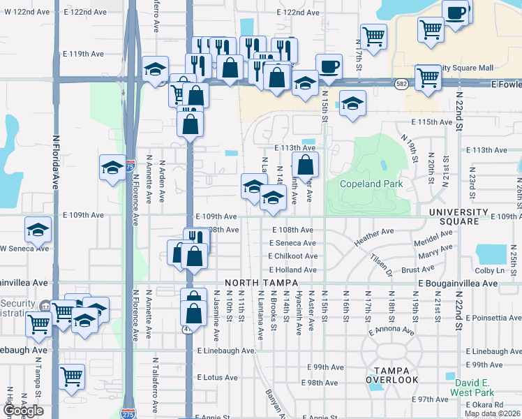 map of restaurants, bars, coffee shops, grocery stores, and more near 10906 North Lantana Avenue in Tampa