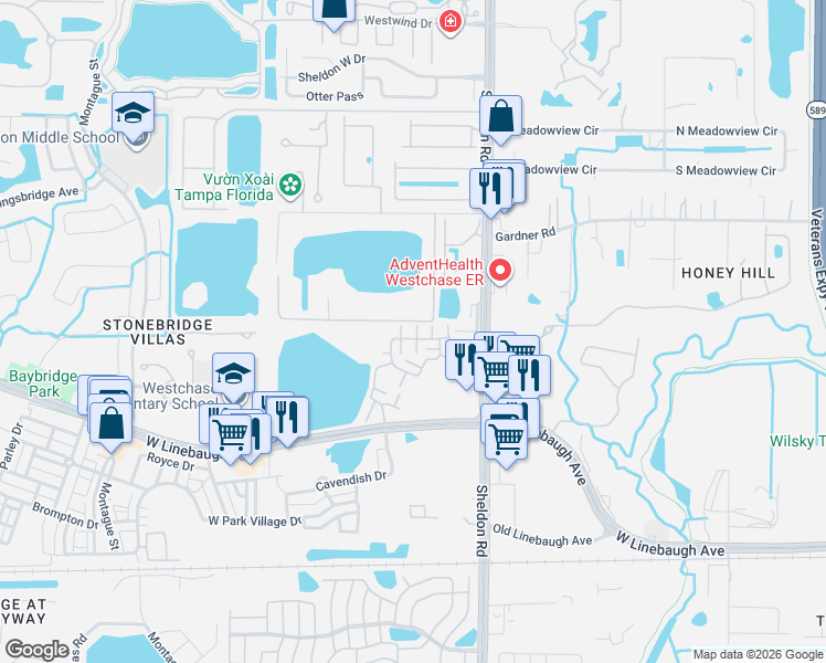map of restaurants, bars, coffee shops, grocery stores, and more near 10704 Spring Mountain Place in Tampa