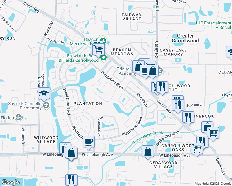 map of restaurants, bars, coffee shops, grocery stores, and more near 11111 Bramblebrush Street in Tampa