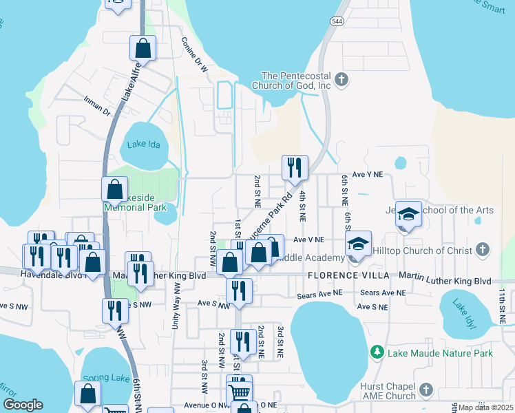 map of restaurants, bars, coffee shops, grocery stores, and more near 140 Avenue West Northeast in Winter Haven