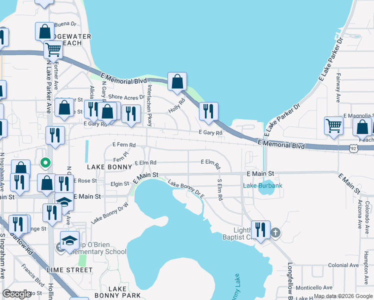 map of restaurants, bars, coffee shops, grocery stores, and more near 1812 East Elm Road in Lakeland