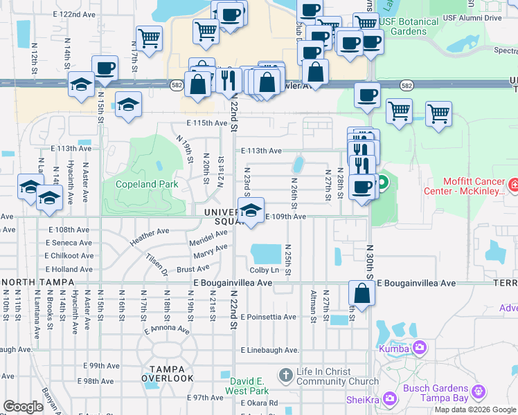 map of restaurants, bars, coffee shops, grocery stores, and more near 2225 East 109th Avenue in Tampa