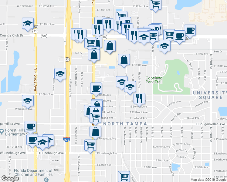 map of restaurants, bars, coffee shops, grocery stores, and more near 1007 East 109th Avenue in Tampa