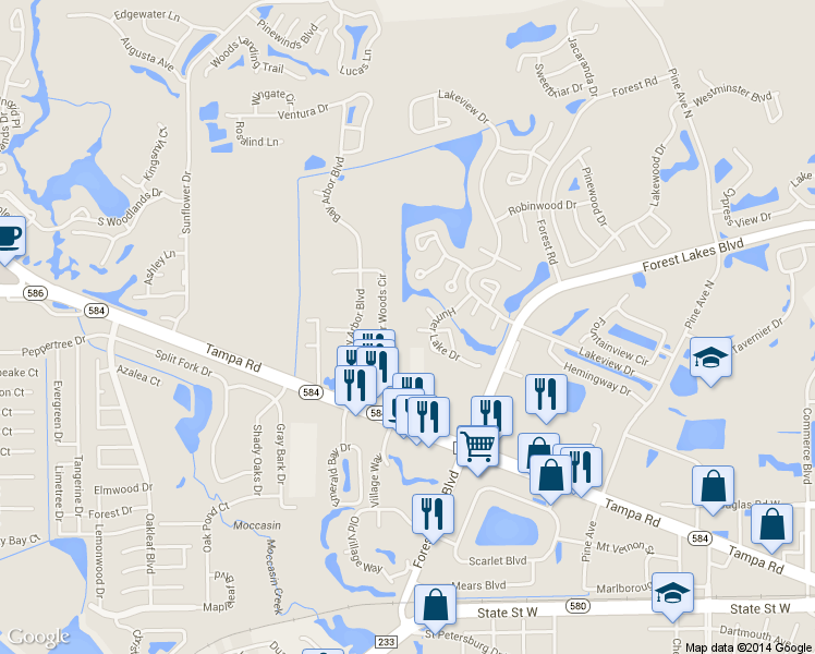 map of restaurants, bars, coffee shops, grocery stores, and more near 133 Sabal Court in Oldsmar