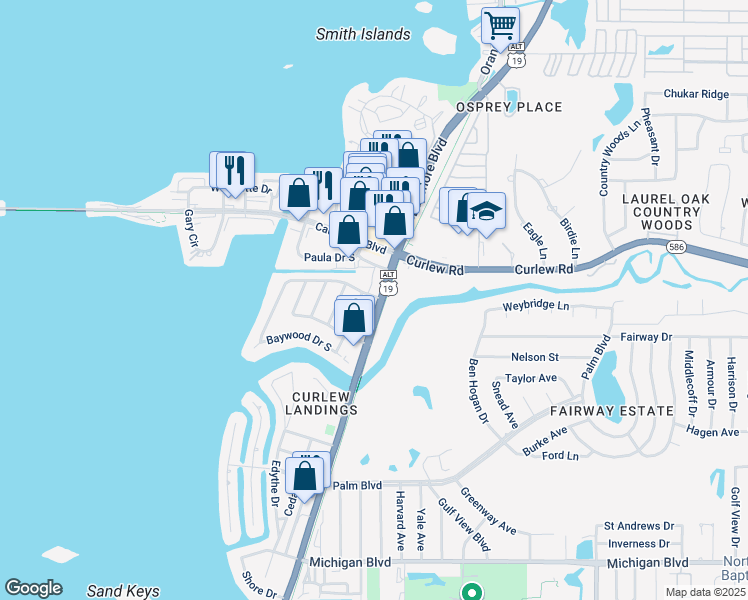map of restaurants, bars, coffee shops, grocery stores, and more near 2463 Baywood Drive East in Dunedin