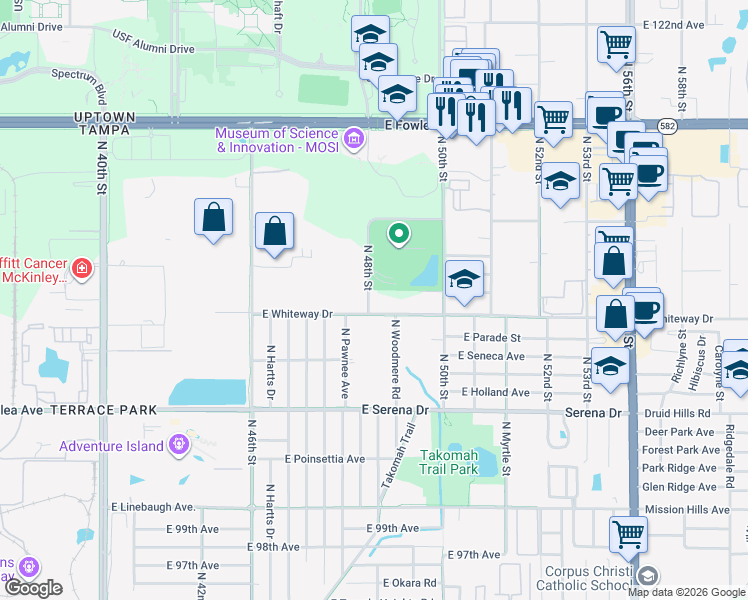 map of restaurants, bars, coffee shops, grocery stores, and more near 4803 Whiteway Drive in Tampa