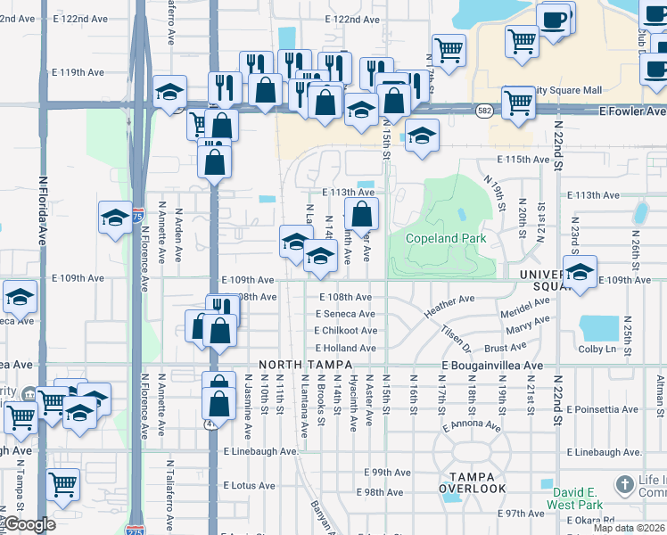 map of restaurants, bars, coffee shops, grocery stores, and more near 10905 North 14th Street in Tampa