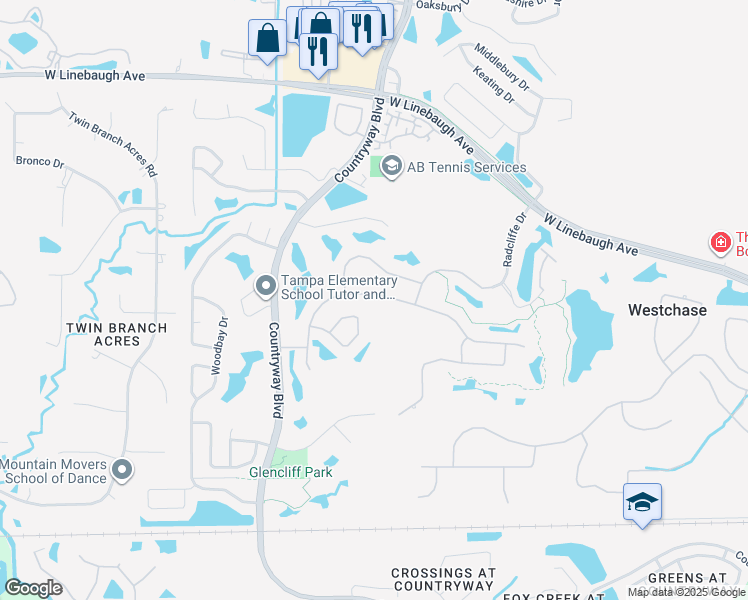 map of restaurants, bars, coffee shops, grocery stores, and more near 12114 Clear Harbor Drive in Tampa