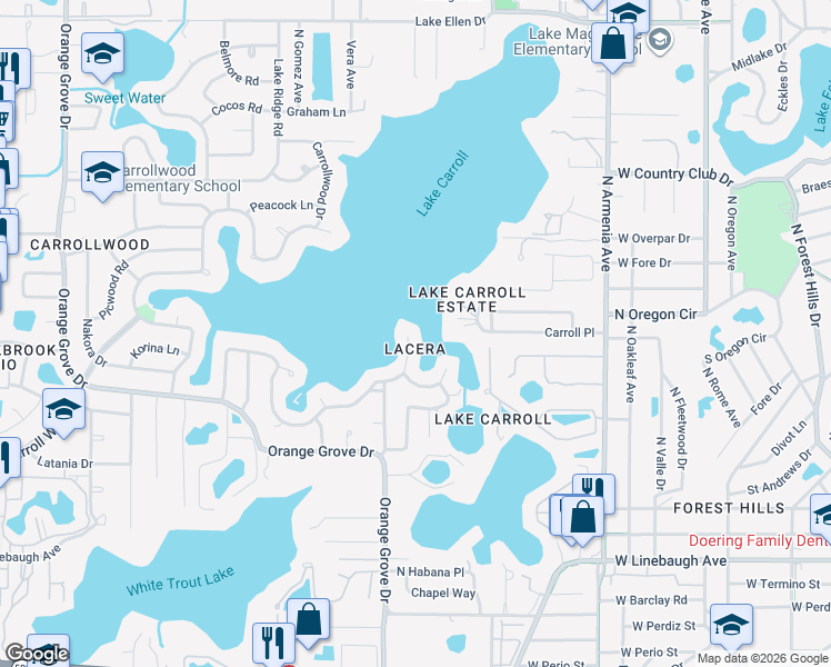map of restaurants, bars, coffee shops, grocery stores, and more near 10715 Carroll Lake Drive in Tampa