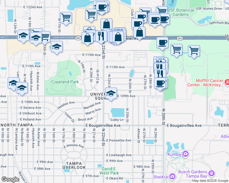 map of restaurants, bars, coffee shops, grocery stores, and more near 2313 East 110th Avenue in Tampa