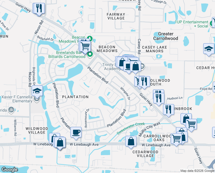 map of restaurants, bars, coffee shops, grocery stores, and more near 11101 Bramblebrush Street in Tampa