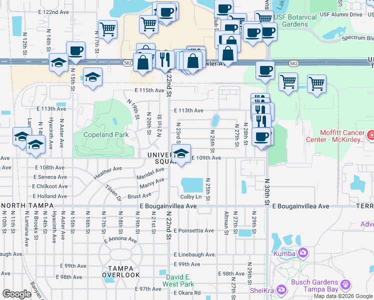map of restaurants, bars, coffee shops, grocery stores, and more near 2313 East 110th Avenue in Tampa