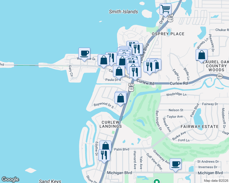 map of restaurants, bars, coffee shops, grocery stores, and more near 572 Baywood Drive West in Dunedin