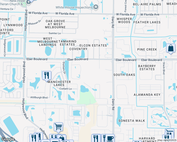 map of restaurants, bars, coffee shops, grocery stores, and more near 4458 Trovita Circle in West Melbourne