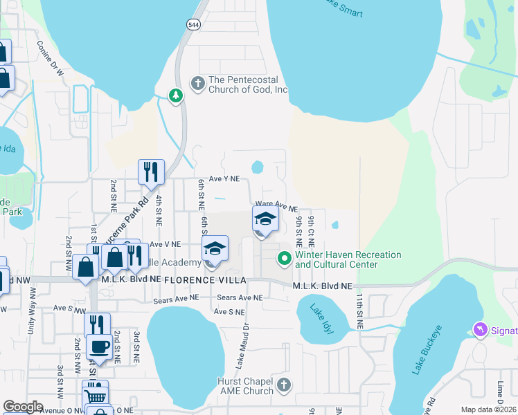 map of restaurants, bars, coffee shops, grocery stores, and more near 815 Ware Avenue Northeast in Winter Haven