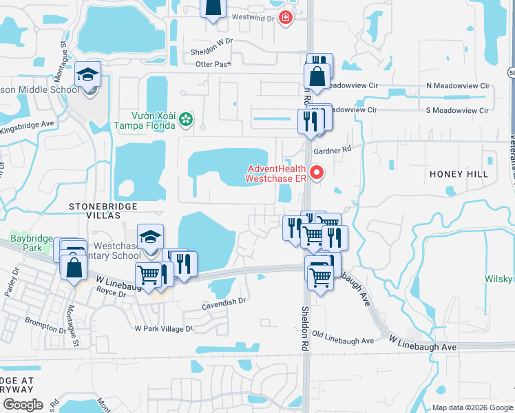 map of restaurants, bars, coffee shops, grocery stores, and more near 10807 Sierra Vista Place in Tampa