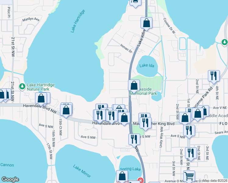 map of restaurants, bars, coffee shops, grocery stores, and more near 1000 Avenue X Northwest in Winter Haven