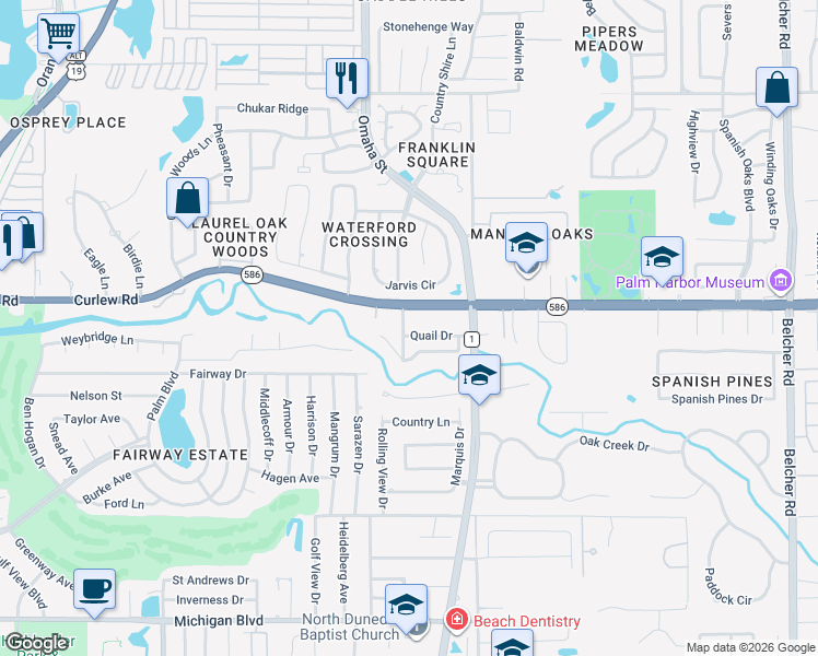 map of restaurants, bars, coffee shops, grocery stores, and more near 1610 Cardinal Road in Dunedin