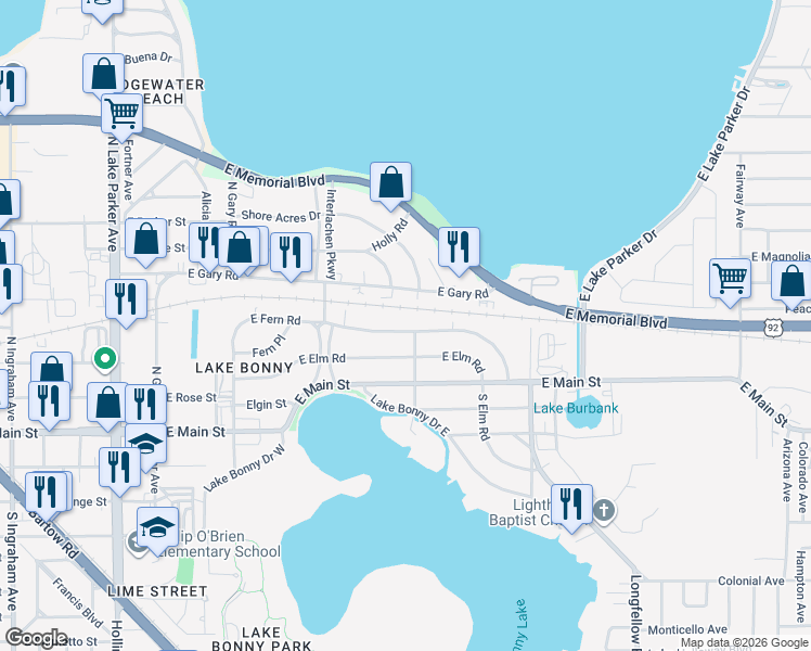 map of restaurants, bars, coffee shops, grocery stores, and more near 1720 East Fern Road in Lakeland