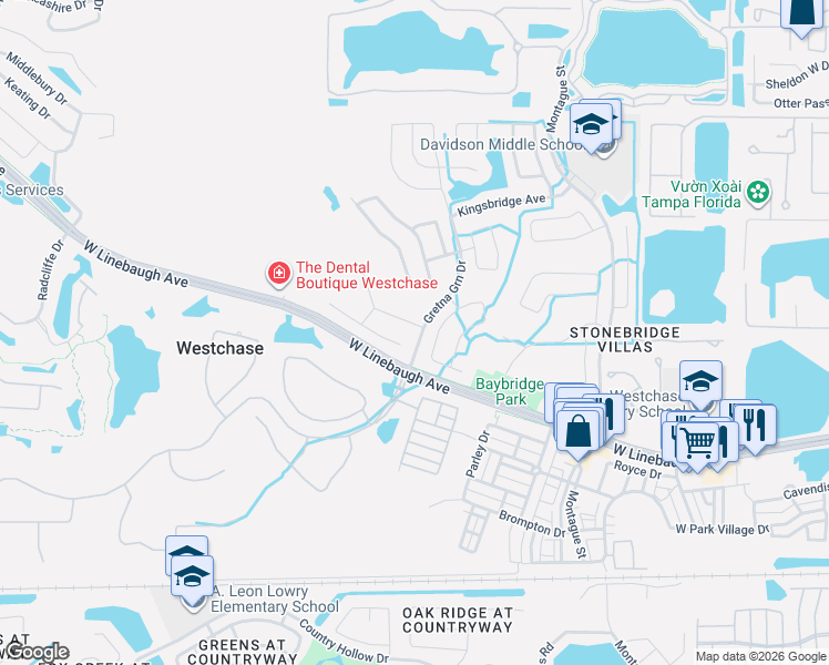 map of restaurants, bars, coffee shops, grocery stores, and more near 10503 Castleford Way in Tampa