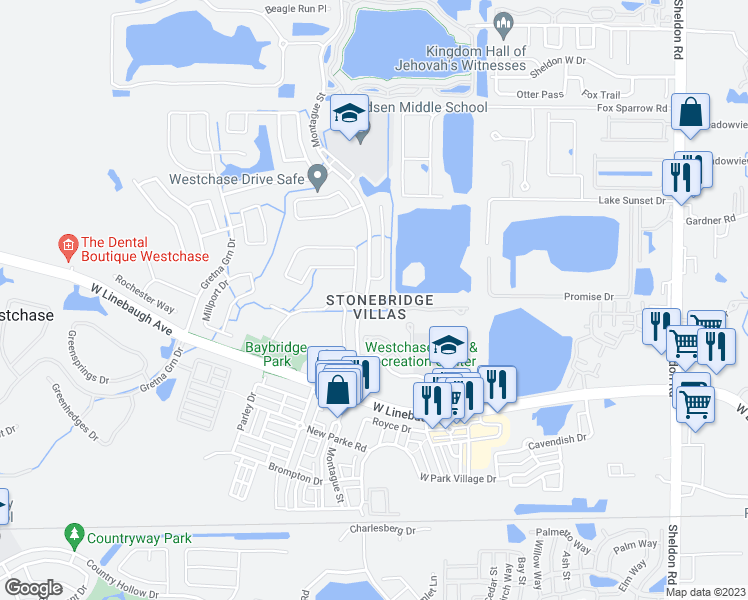 map of restaurants, bars, coffee shops, grocery stores, and more near 9870 Bridgeton Drive in Tampa
