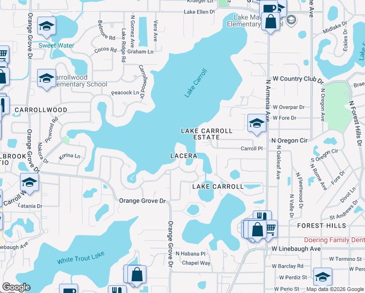 map of restaurants, bars, coffee shops, grocery stores, and more near 10715 Carroll Lake Drive in Tampa