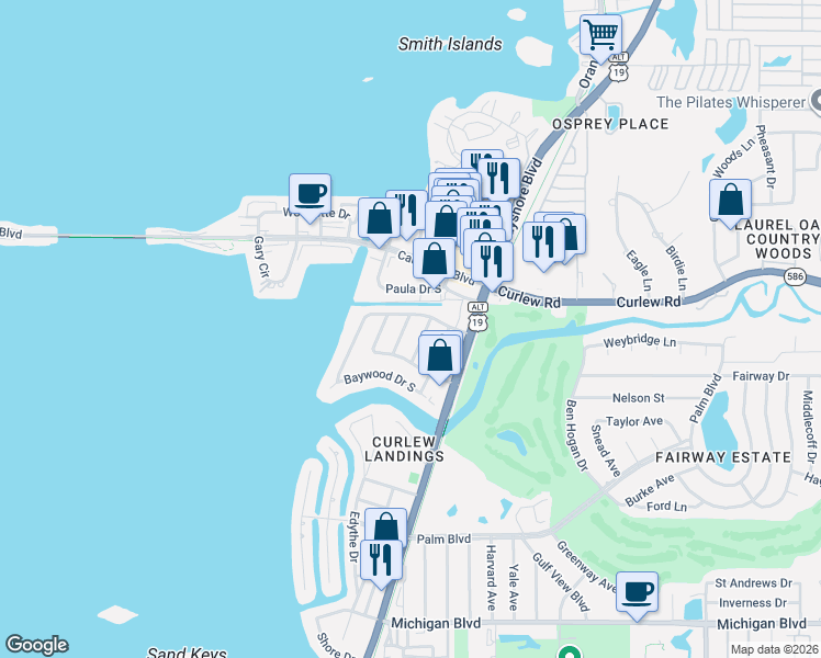 map of restaurants, bars, coffee shops, grocery stores, and more near 2491 Coronado Way in Dunedin