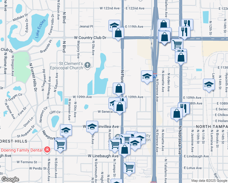 map of restaurants, bars, coffee shops, grocery stores, and more near 10905 Bourbon Court in Tampa