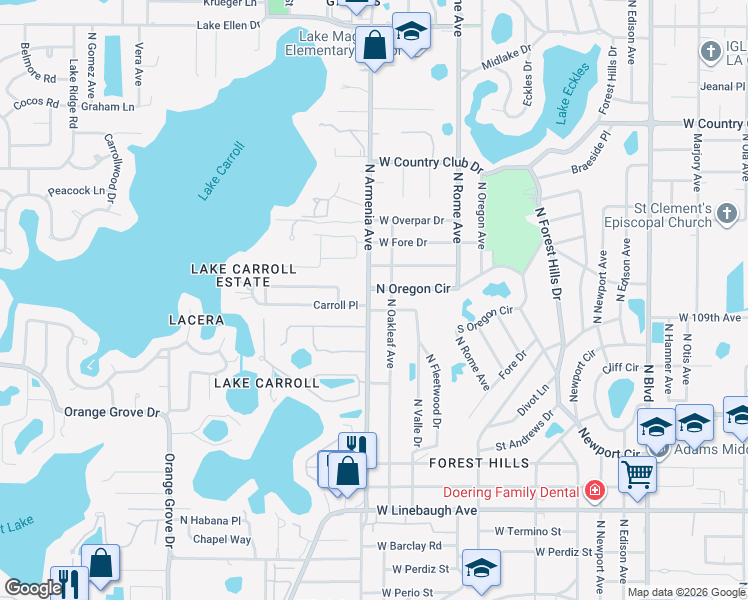 map of restaurants, bars, coffee shops, grocery stores, and more near 10902 North Oakleaf Avenue in Tampa